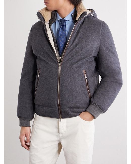 Brunello Cucinelli Blue Shearling-Trimmed Wool Hooded Down Jacket for men