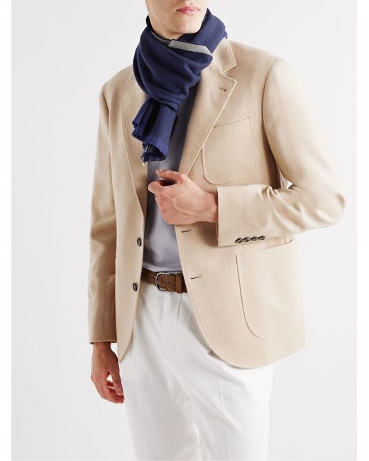 Brunello Cucinelli Blue Fringed Striped Wool And Cashmere-Blend Scarf for men
