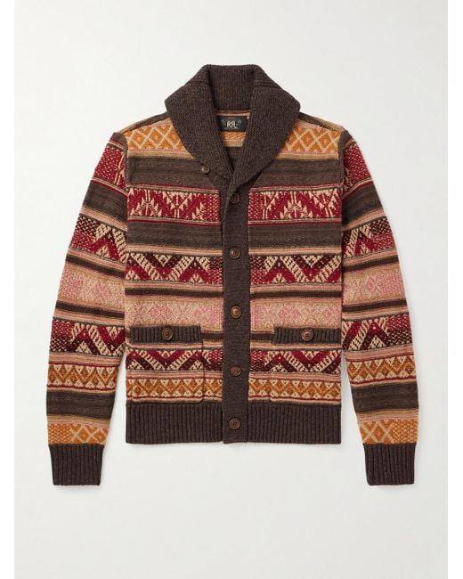 RRL Brown Shawl-collar Wool, Linen And Silk-blend Jacquard Cardigan for men