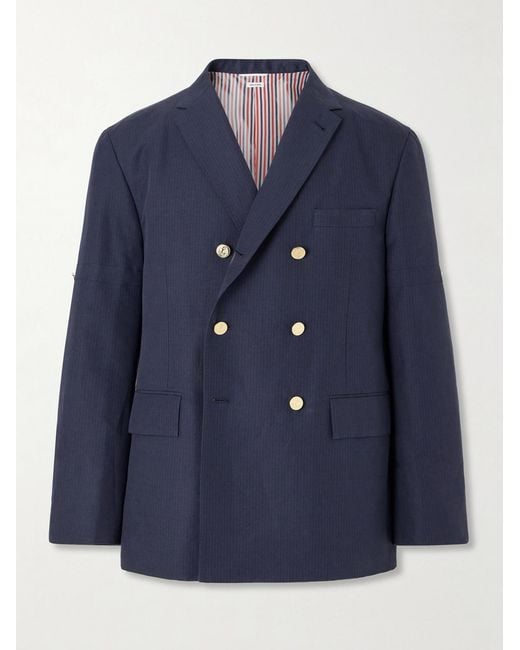 Thom Browne Blue Double-breasted Striped Cotton And Linen-blend Blazer for men