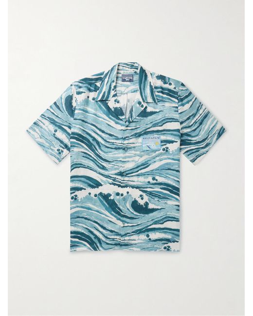 Maison Kitsuné Blue Vilebrequin Charli Convertible-collar Logo-appliquéd Printed Linen Shirt for men