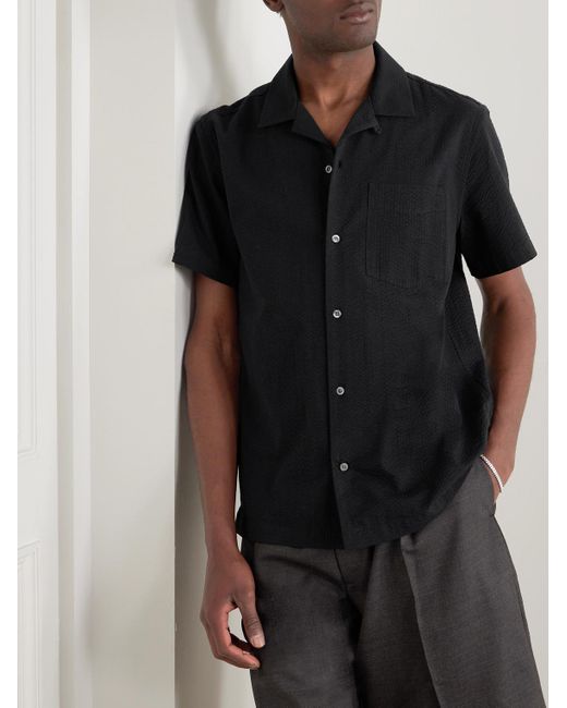 Camicia in cotone seersucker con colletto convertibile di Mr P. in Black da Uomo