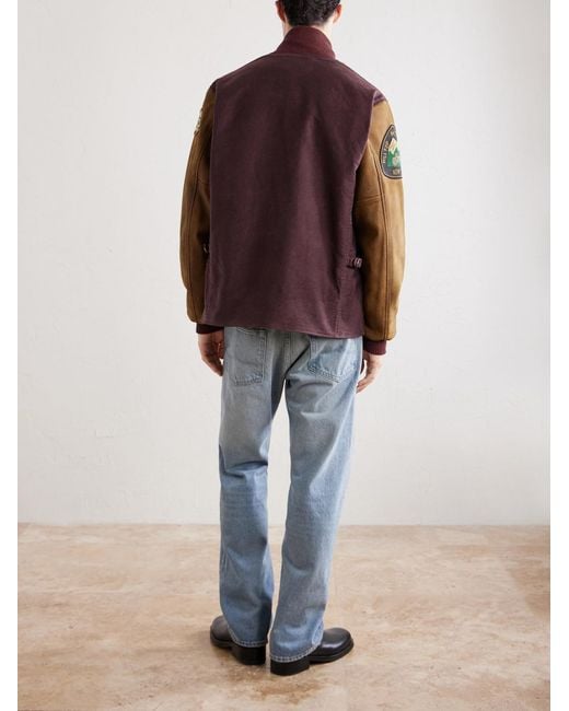 RRL Brown Logo-Embroidered Cotton-Corduroy And Leather Bomber Jacket for men