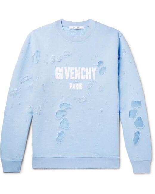 Givenchy Blue Cuban-fit Distressed Printed Cotton-jersey Sweatshirt for men