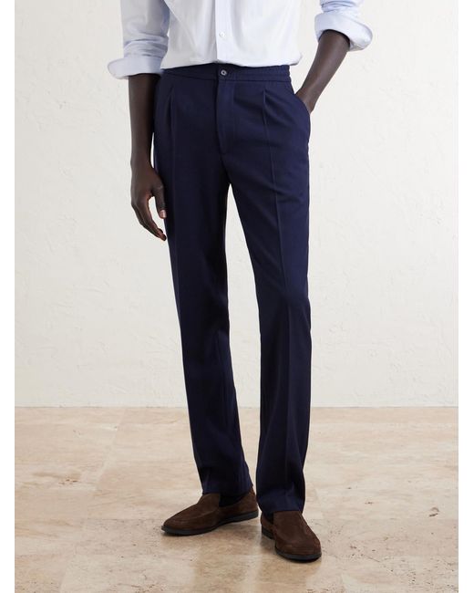 Dunhill Blue Straight-Leg Pleated Virgin Wool-Twill Trousers for men