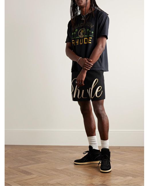 Rhude Black Straight-leg Logo-jacquard Cotton And Cashmere-blend Drawstring Shorts for men