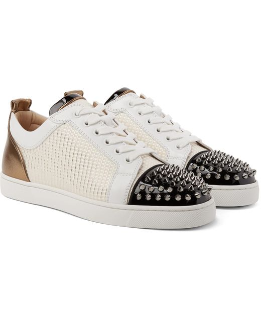 Christian Louboutin White Louis Junior Spikes Orlato Leather And Jacquard Sneakers for men