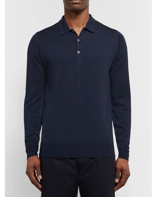 John Smedley Blue Belper Slim-Fit Merino Wool Polo Shirt for men
