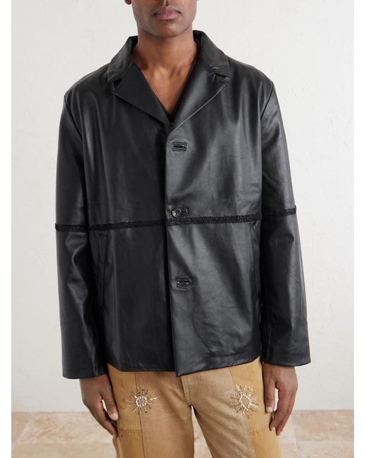 Kartik Research Black Embroidered Leather Jacket for men