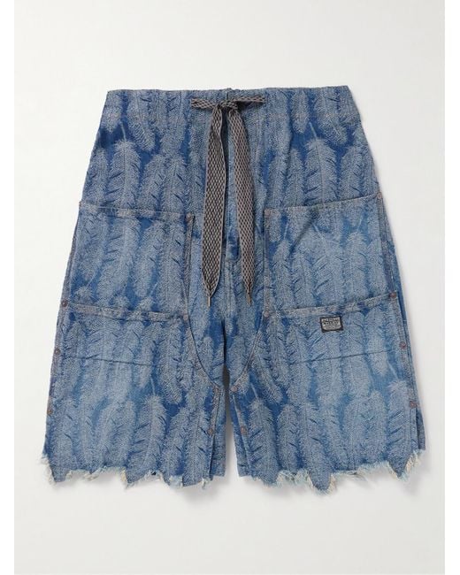 Kapital Blue Magpie Straight-leg Frayed Denim-jacquard Drawstring Shorts for men