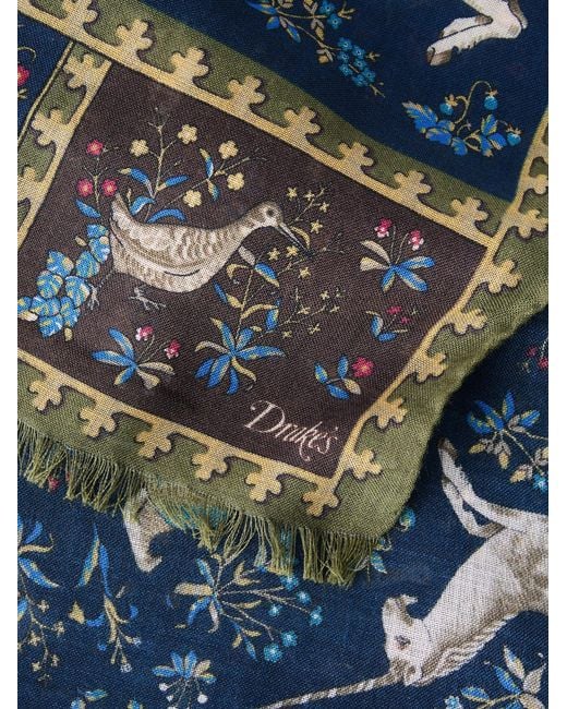 Drake's Blue Fringed Printed Wool And Silk-Blend Scarf for men
