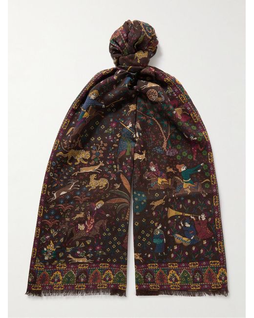 Sciarpa in misto lana e seta stampato sfrangiato Mughal Hunter di Drake's in Brown da Uomo