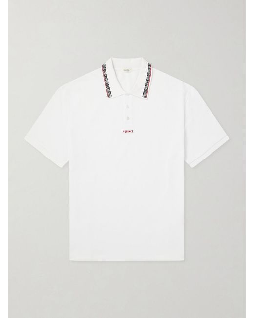 Versace White Logo-embroidered Cotton-piqué Polo Shirt for men