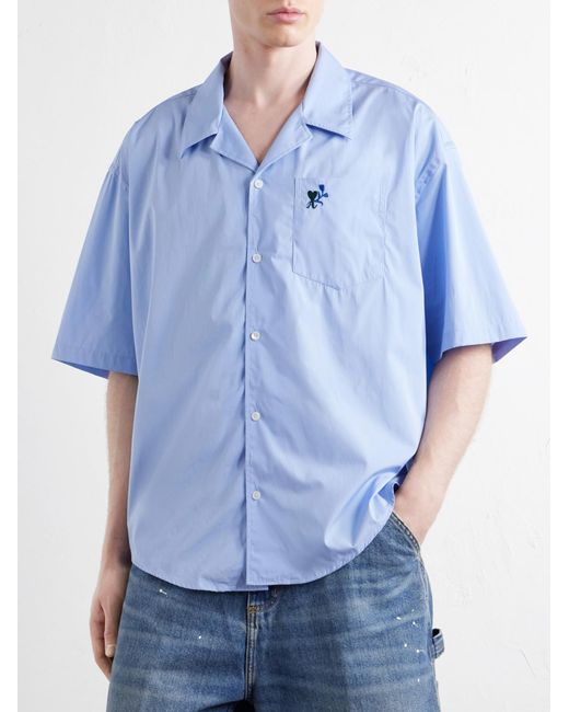 AMI Blue Logo-Embroidered Cotton-Poplin Shirt for men