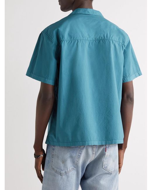 Adish Blue Camp-Collar Embroidered Garment-Dyed Cotton-Poplin Shirt for men