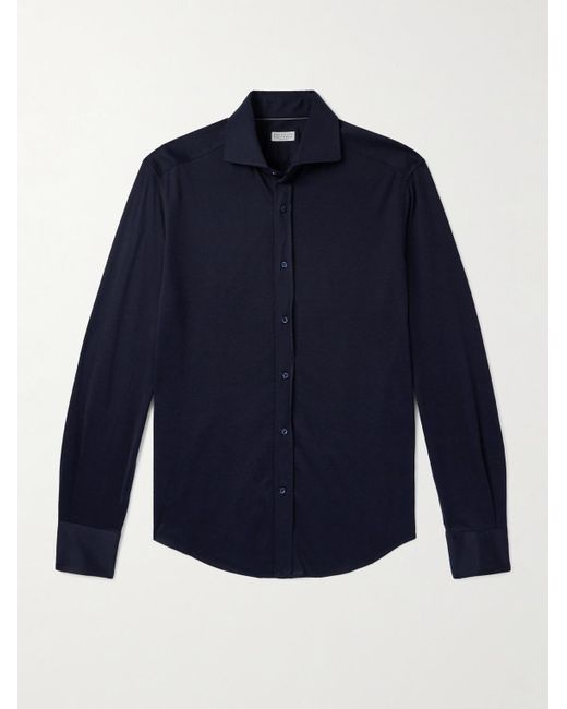 Brunello Cucinelli Schmal geschnittenes Hemd aus einer Seiden-Baumwollmischung mit Cutaway-Kragen in Blue für Herren