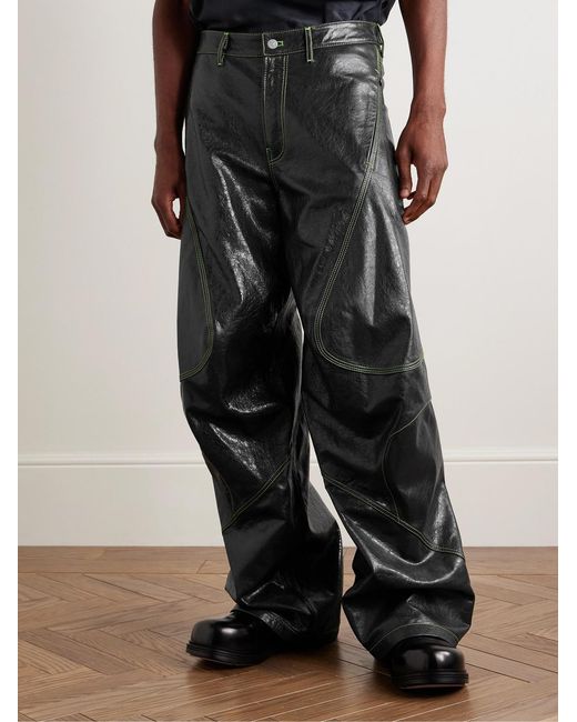 Acne Black Lorgata Wide-Leg Panelled Logo-Embroidered Leather Trousers for men