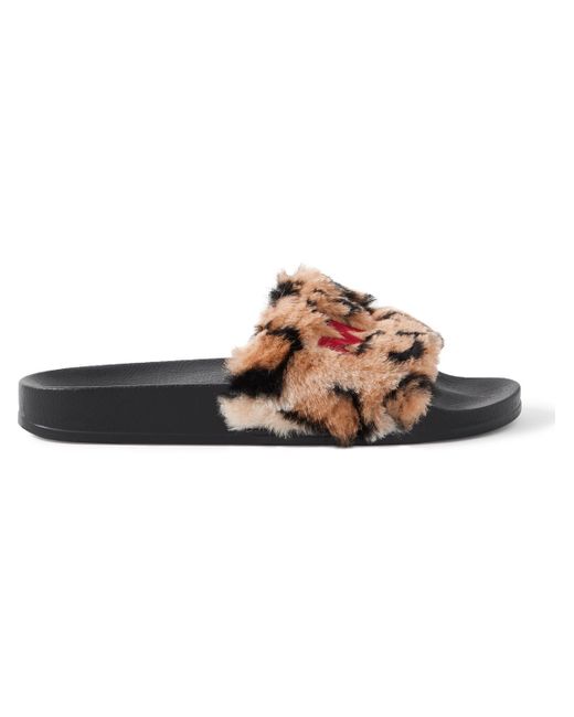Marni Logo-embroidered Leopard-print Faux Fur Slides in Brown for Men | Lyst