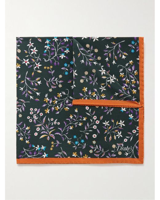 Drake's Green Floral-Print Wool Pocket Square for men