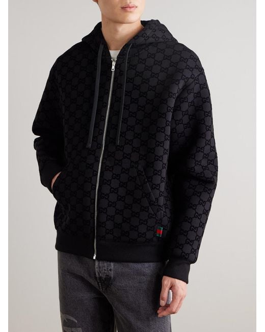 Gucci Black Logo-Flocked Jersey Zip-Up Hoodie for men