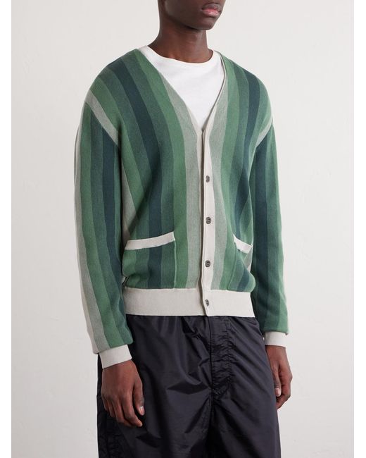 Beams Plus Green Striped Cotton Cardigan for men