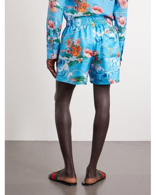 Gucci Blue Straight-Leg Floral-Print Silk-Twill Shorts for men