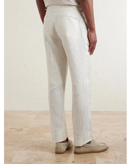Mr P. White Tapered Pleated Pinstriped Linen Suit Trousers for men