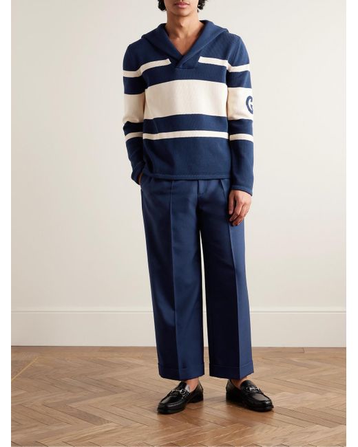 Gucci Blue Shawl-collar Logo-intarsia Cotton Sweater for men