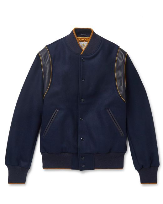 Golden Bear Blue The Hayes Leather-panelled Wool-blend Bomber Jacket for men