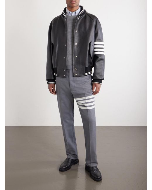 Thom Browne Black Oversized Striped Leather Bomber Jacket for men