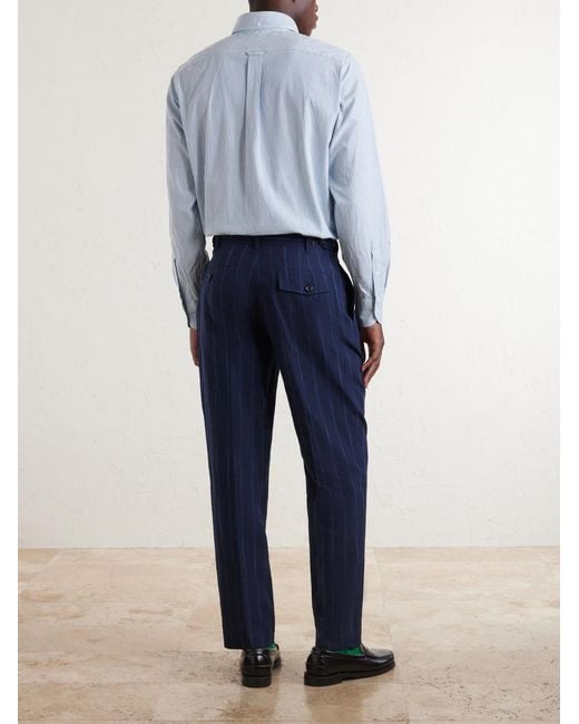 Drake's Blue Games Straight-leg Pinstriped Cotton And Linen-blend Suit Trousers for men
