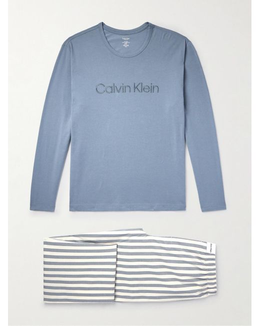 Calvin Klein Blue Logo-embroidered Striped Cotton-blend Pyjama Set for men