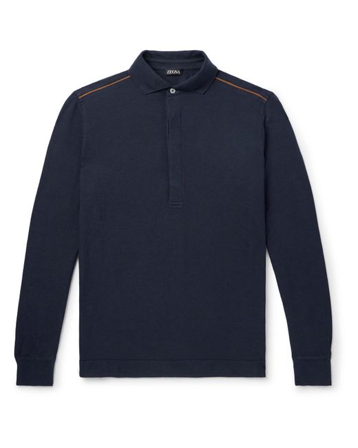 Zegna Blue Leather-trimmed Cotton-piqué Polo Shirt for men