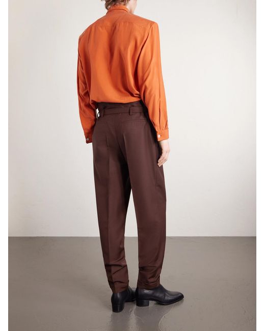 Saint Laurent Brown Tapered Belted Pleated Wool And Mohair-Blend Trousers for men