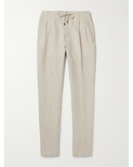 De Petrillo Natural Tapered Pleated Linen Drawstring Trousers for men