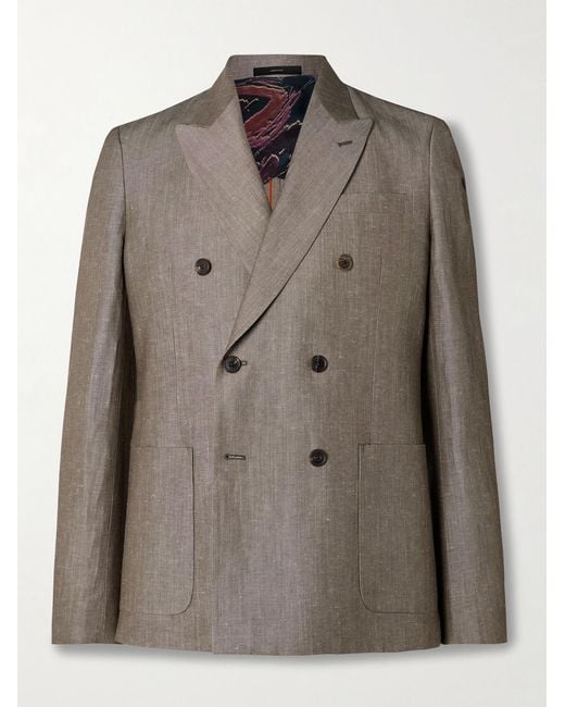 Paul Smith Brown Double-Breasted Linen And Wool-Blend Suit Jacket for men