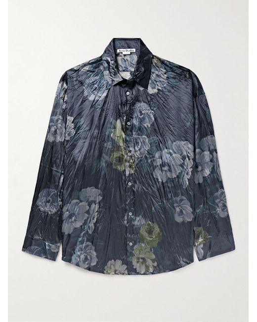 Acne Blue Setar Oversized Floral-Print Crinkled-Satin Shirt for men