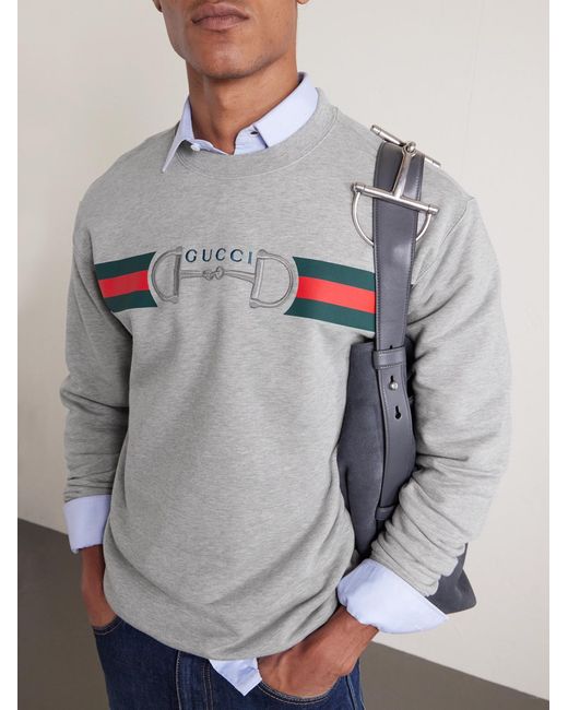 Gucci Gray Logo-Embroidered Striped Cotton-Jersey Sweater for men