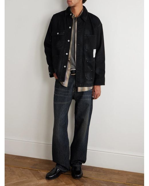 Neighborhood Black Corduroy-trimmed Paint-splattered Denim Jacket for men