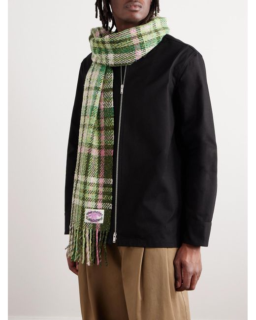 Acne Green Volano Logo-appliquéd Fringed Checked Knitted Scarf for men