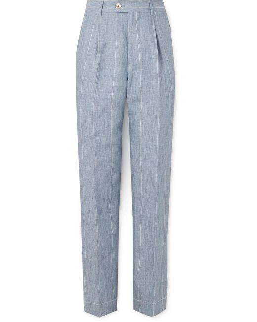 Brunello Cucinelli Blue Striped Linen Suit Trousers for men