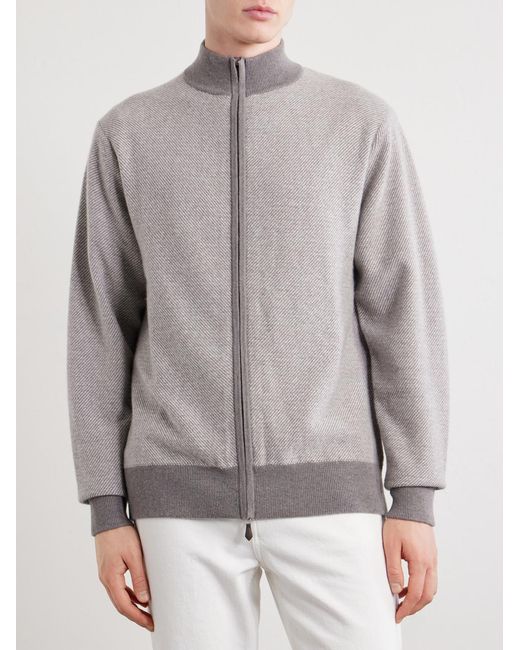 N.Peal Cashmere Gray Birdseye Textured Organic Cashmere Zip-Up Cardigan for men