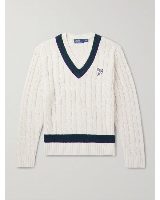 Polo Ralph Lauren White Striped Cable-Knit Cotton, Cashmere And Hemp-Blend Sweater for men