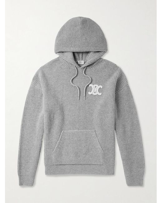 Céline Gray Logo-Appliquéd Ribbed Wool Hoodie for men