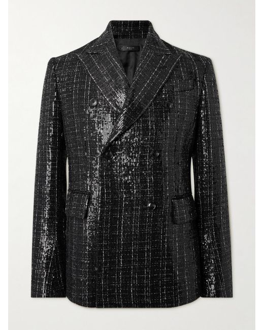 Amiri Black Double-breasted Checked Sequinned Bouclé Blazer for men