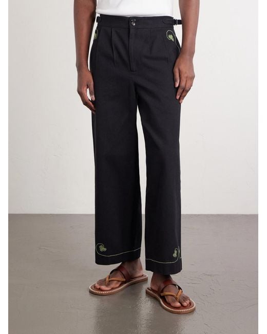 Bode Blue Lucky Draw Straight-leg Pleated Embroidered Cotton-twill Trousers for men
