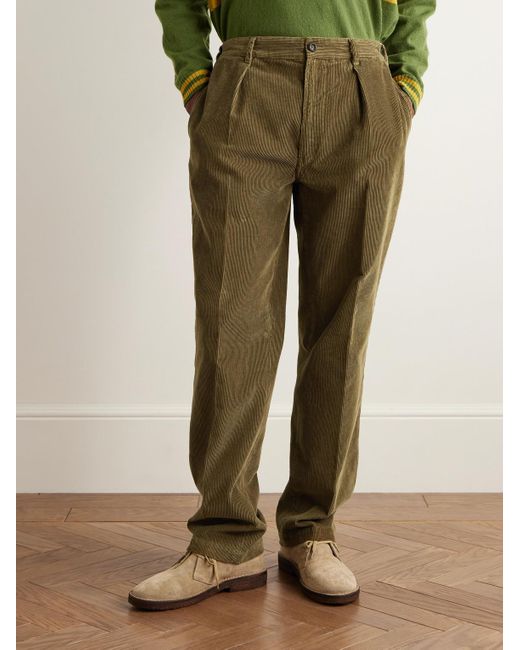 Drake's Green Games Tapered Pleated Cotton-Corduroy Trousers for men