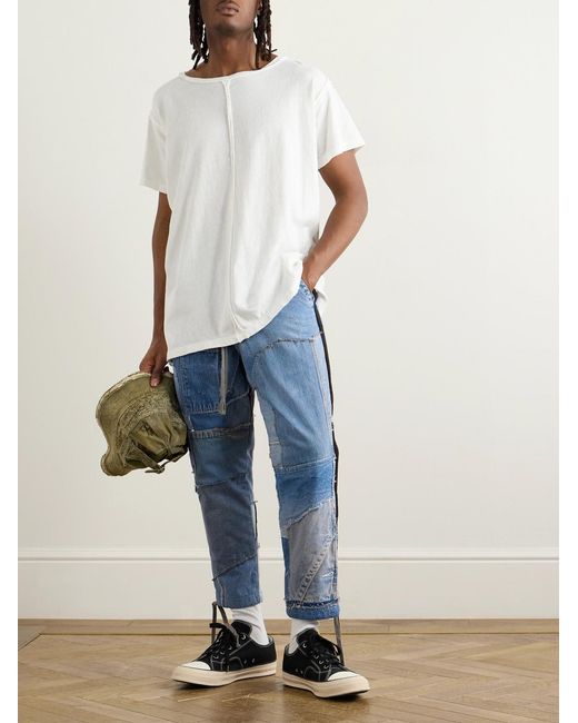 Greg Lauren Blue Tapered Cropped Frayed Patchwork Drawstring Jeans for men