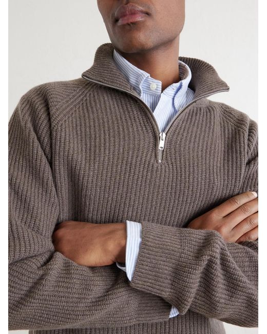 John Smedley Gray Ryker Ribbed Recycled-Cashmere And Wool-Blend Half-Zip Sweater for men