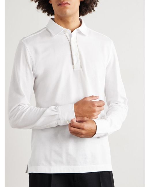 Zegna White Suede-Trimmed Cotton-Piqué Polo Shirt for men